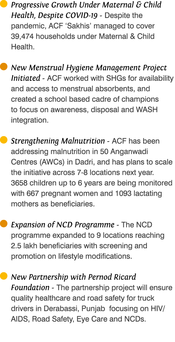  Progressive Growth Under Maternal & Child Health, Despite COVID-19 - Despite the pandemic, ACF  Sakhis  managed to c   