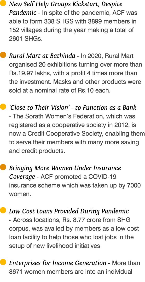  New Self Help Groups Kickstart, Despite Pandemic - In spite of the pandemic, ACF was able to form 338 SHGS with 3899   